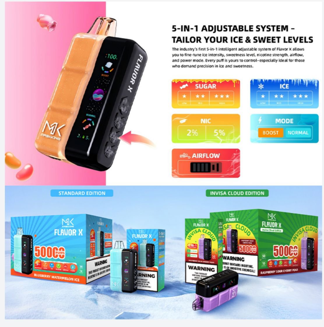 2026/01/1001294262.jpg Maskking 50,000 Puffs – Vape Ajustable con Control de Nicotina, Hielo y Dulzura - Imagen 1