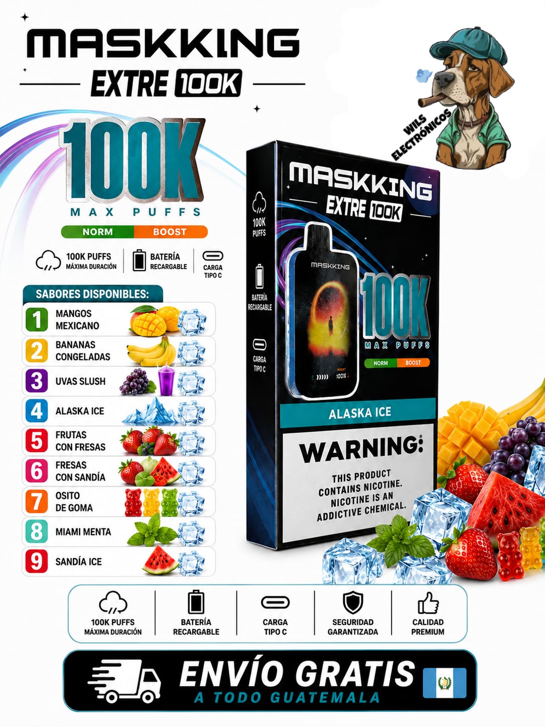 Maskking Extre 100K Puffs Recargable | Vapes Premium Guatemala con Pantalla y Modo Boost