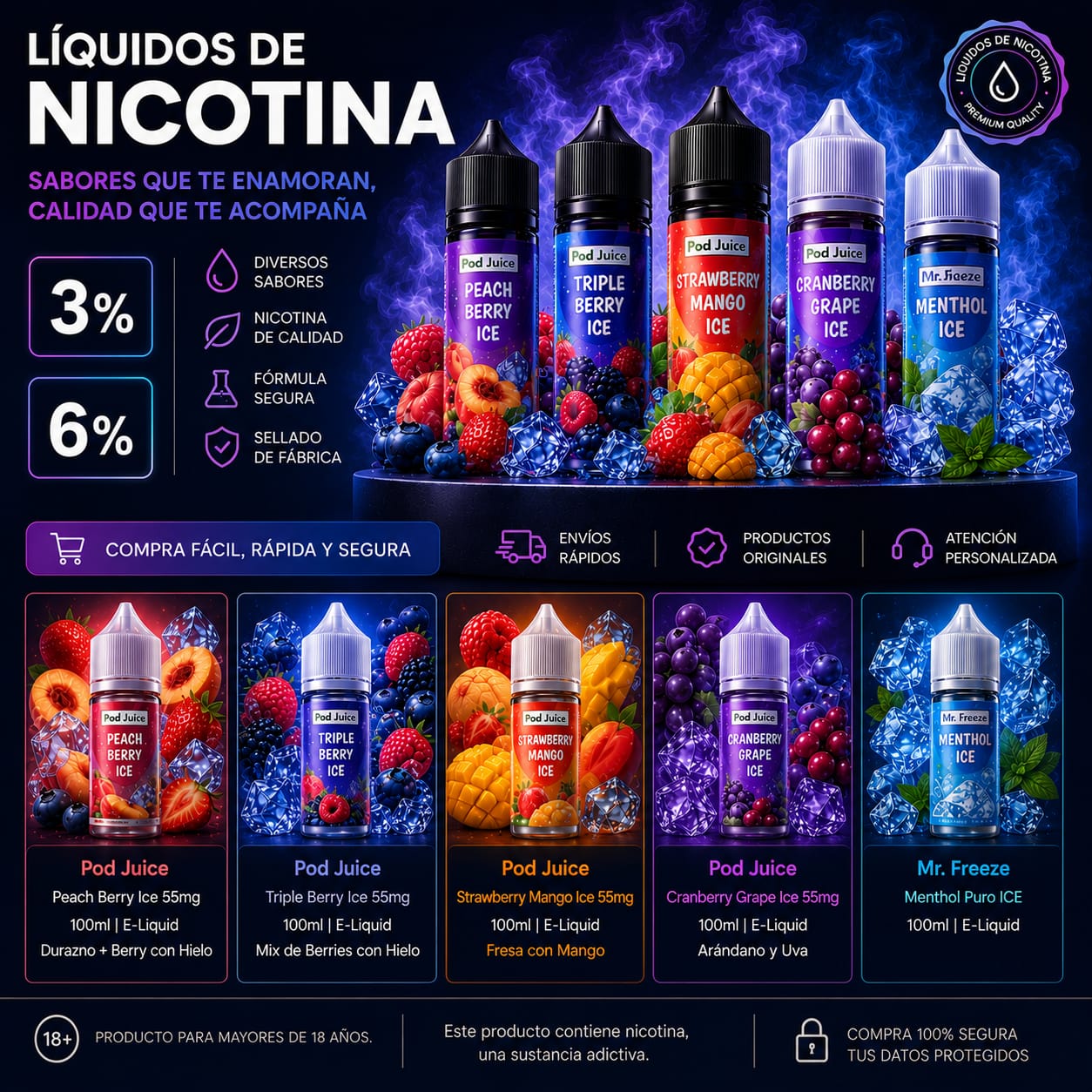 Liquido nicotina para Vapes guatemala Líquidos de Nicotina para Vapes 3% y 6% l Premium Guatemala - Imagen 1