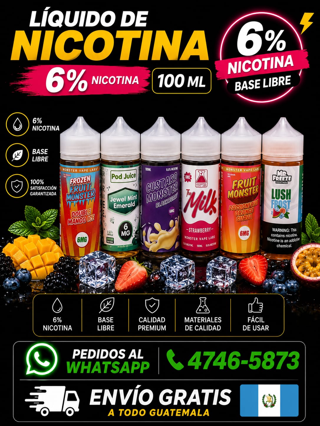 Líquido para Vape 6% Nicotina Base Libre 100ml Premium