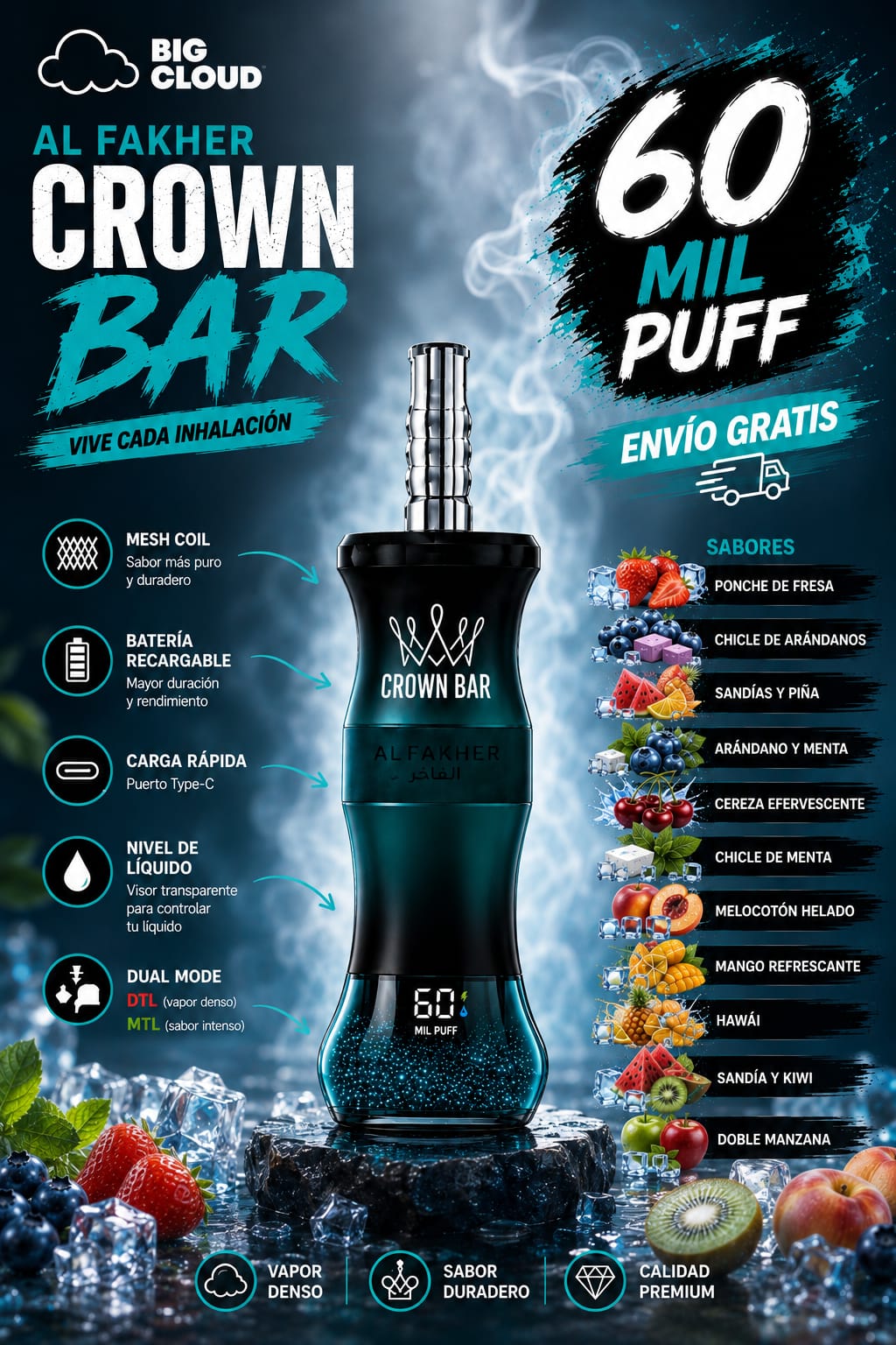 VAPE ALFACKHER Al Fakher Crown Bar 60K – Vape Guatemala - Imagen 1